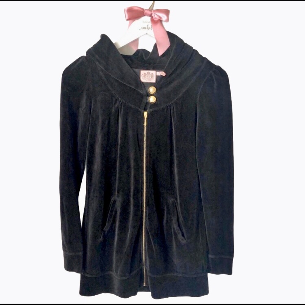 Juicy Couture Track‎ Jacket Hooded Black Y2K Velour Velvet Longsleeve Zip Up